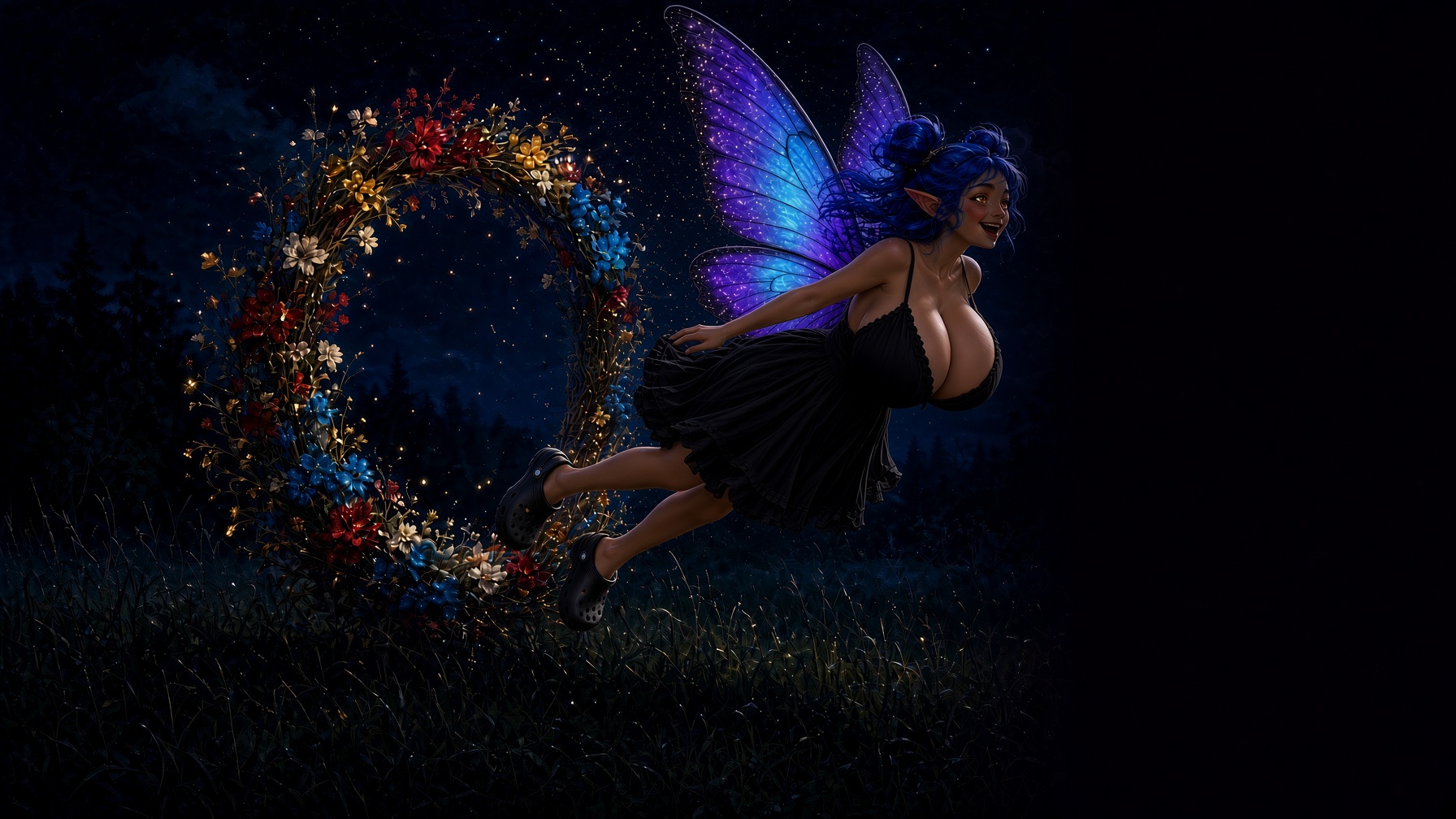 Black Dumpling's fairy flying through a ring of flowers